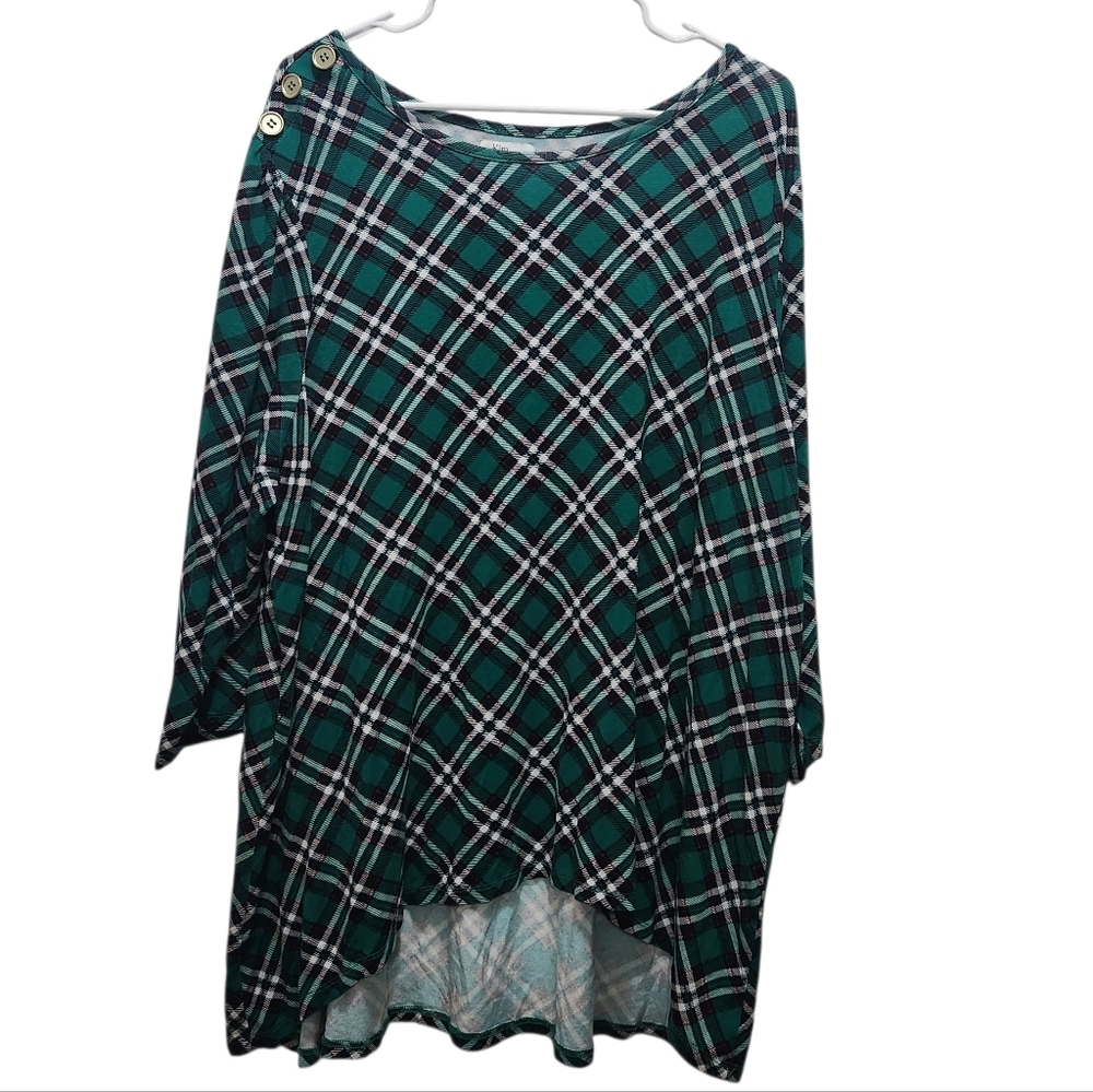 Kim Rogers Green Plaid Tunic Gold Button Shoulder Detail Holiday Christmas 2X